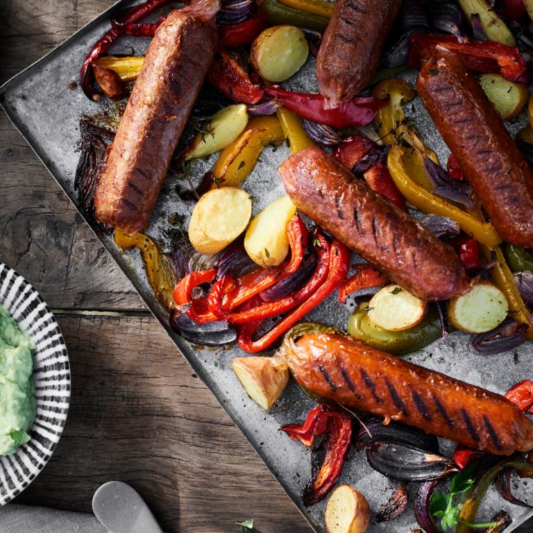 Grilled Sensational Sausages with Roasted Potatoes and Peppers